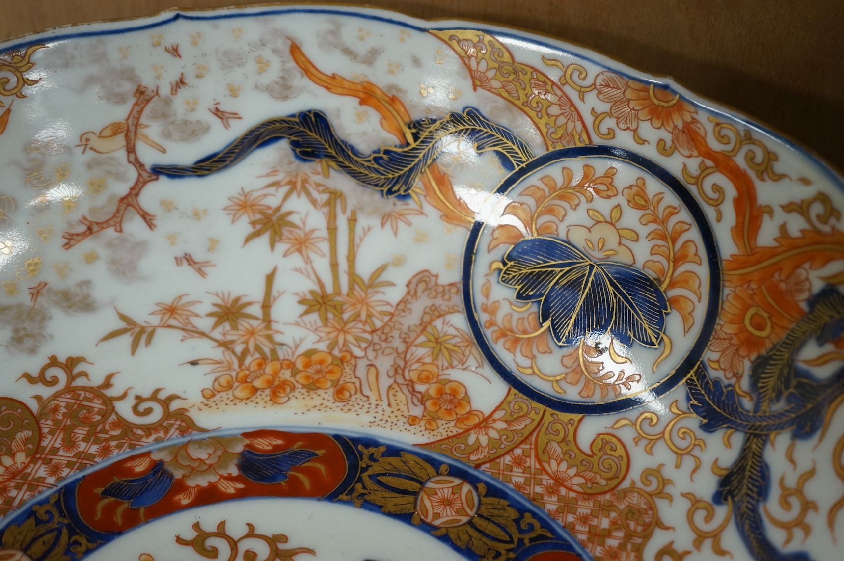 An oval Imari dish moulded with fans and a large Koransha Imari bowl, largest 38cm wide (2)